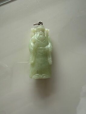 Vintage Green Jade Asian Scholar Pendant Carved Figurine Necklace Charm EUC